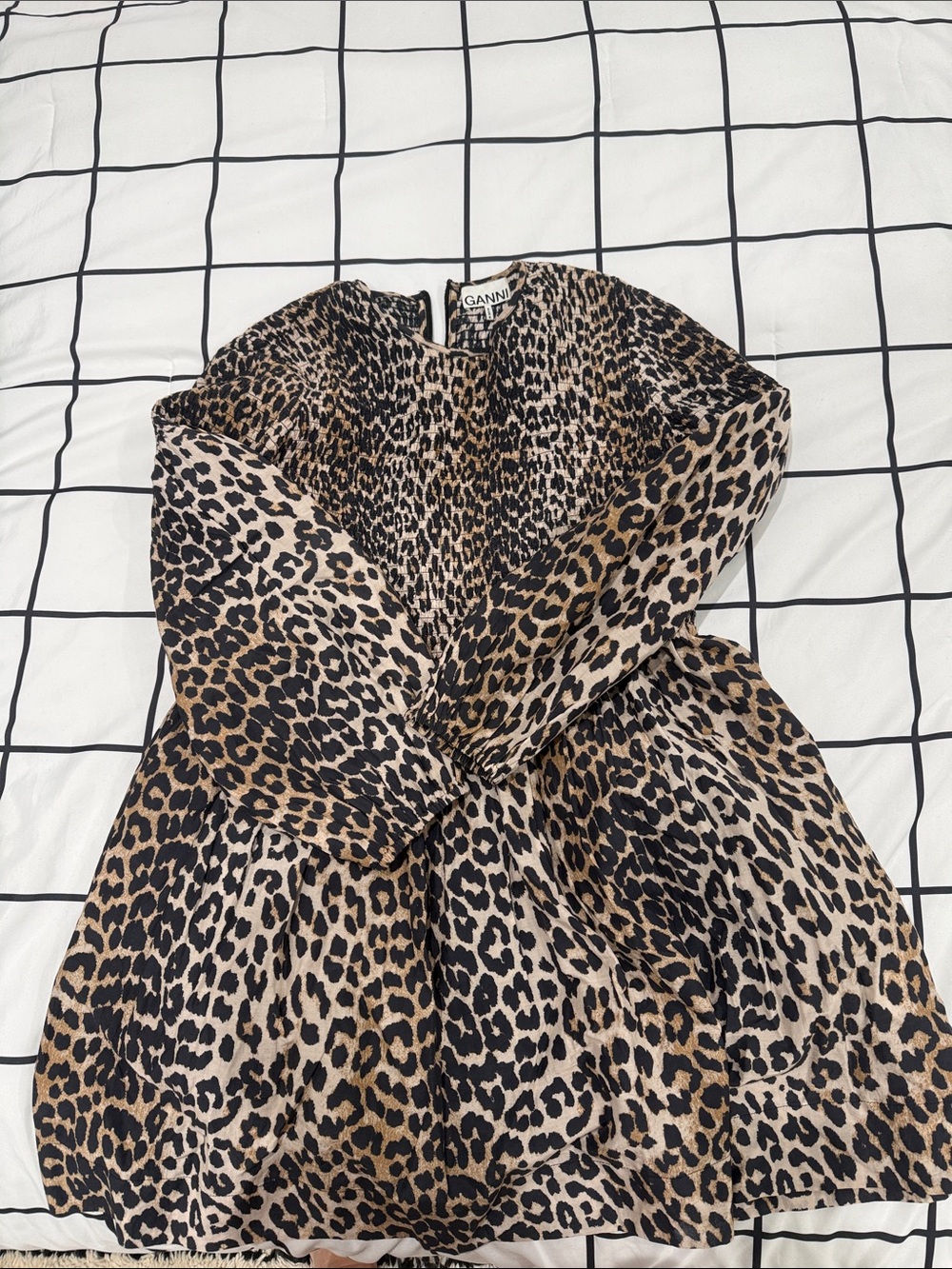 Ganni Leopard-Print Long Sleeve Mini Dress in Brown and Black
